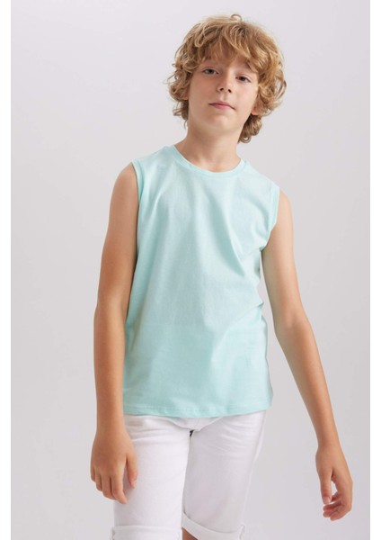 Erkek Çocuk Turkuaz Standart Fit Normal Kesim Bisiklet Yaka Basic Düz %100 Pamuklu Atlet B0669A8NS