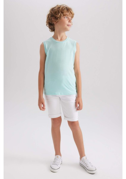 Erkek Çocuk Turkuaz Standart Fit Normal Kesim Bisiklet Yaka Basic Düz %100 Pamuklu Atlet B0669A8NS