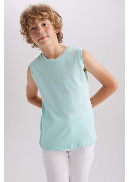 Erkek Çocuk Turkuaz Standart Fit Normal Kesim Bisiklet Yaka Basic Düz %100 Pamuklu Atlet B0669A8NS