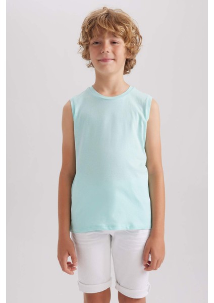 Erkek Çocuk Turkuaz Standart Fit Normal Kesim Bisiklet Yaka Basic Düz %100 Pamuklu Atlet B0669A8NS