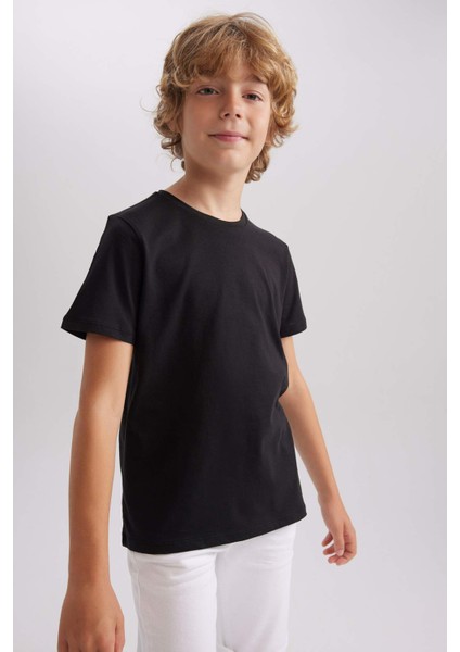 Erkek Çocuk Siyah Regular Fit Düz Kesim Bisiklet Yaka Basic Düz %100 Pamuk Kısa Kollu Tişört B0667A8NS