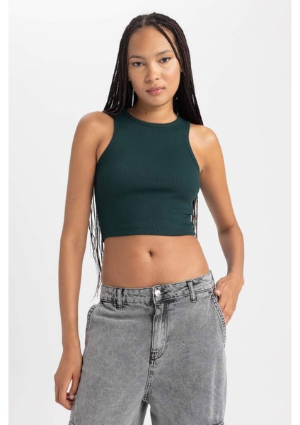 Kadın Yeşil Fitted Halter Yaka Düz Basic Pamuklu Atlet B0658AXNS
