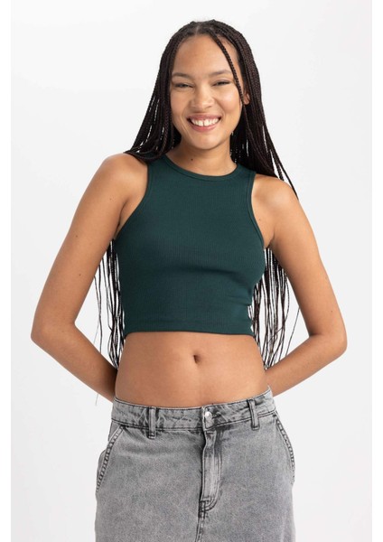 Kadın Yeşil Fitted Halter Yaka Düz Basic Pamuklu Atlet B0658AXNS