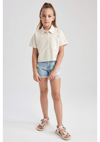 Kız Çocuk Crop Keten Kısa Kollu Gömlek Z4914A623HS