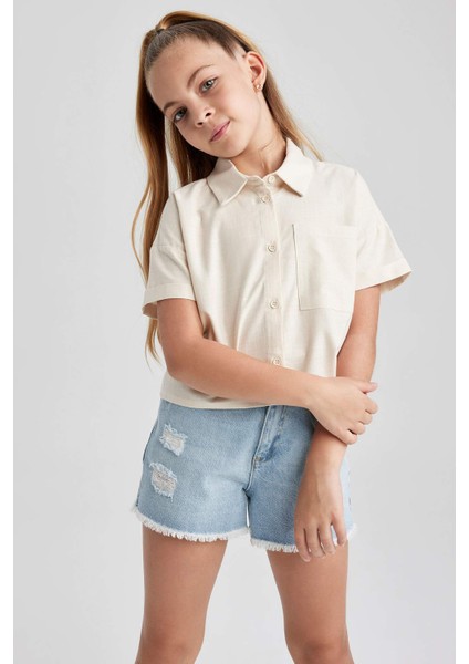 Kız Çocuk Crop Keten Kısa Kollu Gömlek Z4914A623HS