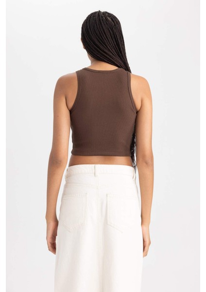 Kadın Kahverengi Fitted Halter Yaka Düz Basic Pamuklu Atlet B0658AXNS