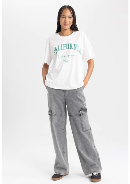 Oversize Geniş Kalıp Bisiklet Yaka Kısa Kollu Tişört B0661AXNS