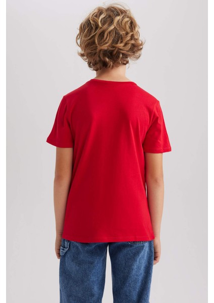 Erkek Çocuk Kırmızı Regular Fit Düz Kesim Bisiklet Yaka Basic Düz %100 Pamuk Kısa Kollu Tişört B0667A8NS