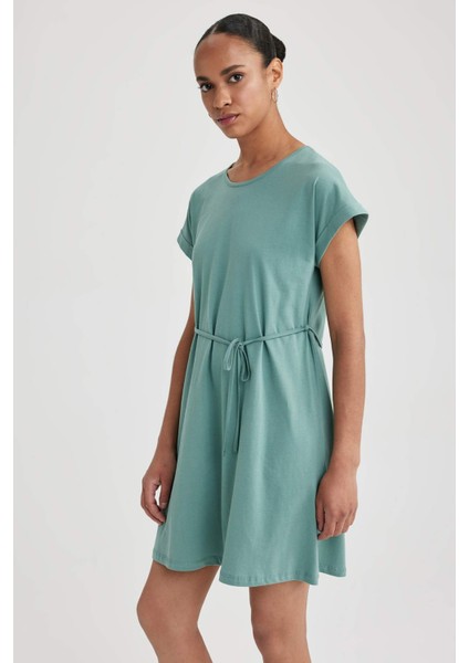 Kadın Yeşil A Line A Kesim Bisiklet Yaka Düz Basic Penye %100 Pamuk Kısa Kollu Elbise B0655AXNS