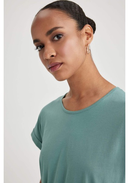 Kadın Yeşil A Line A Kesim Bisiklet Yaka Düz Basic Penye %100 Pamuk Kısa Kollu Elbise B0655AXNS