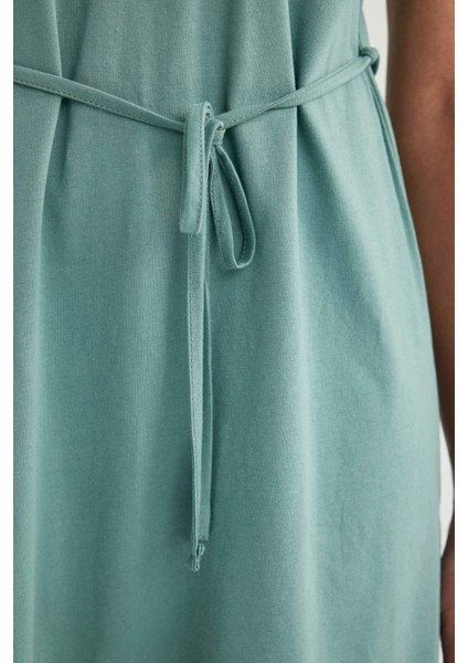 Kadın Yeşil A Line A Kesim Bisiklet Yaka Düz Basic Penye %100 Pamuk Kısa Kollu Elbise B0655AXNS