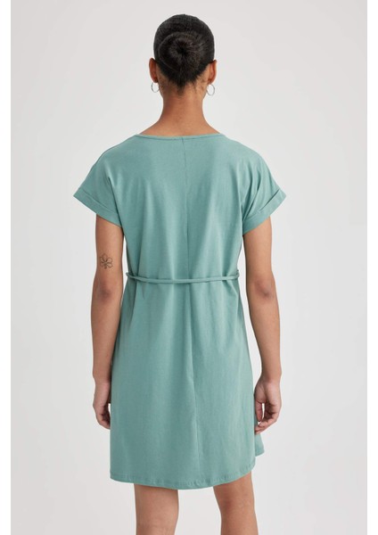 Kadın Yeşil A Line A Kesim Bisiklet Yaka Düz Basic Penye %100 Pamuk Kısa Kollu Elbise B0655AXNS
