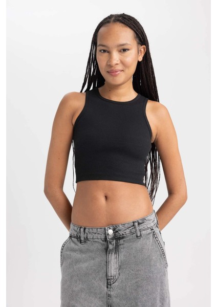 Kadın Siyah Fitted Halter Yaka Düz Basic Pamuklu Atlet B0658AXNS