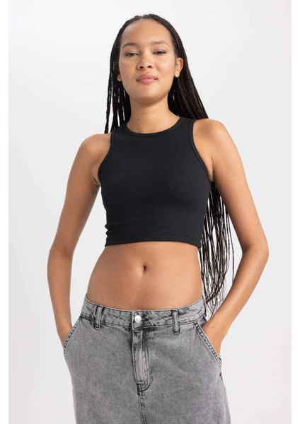 Kadın Siyah Fitted Halter Yaka Düz Basic Pamuklu Atlet B0658AXNS