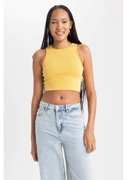 Kadın Sarı Fitted Halter Yaka Düz Basic Pamuklu Atlet B0658AXNS