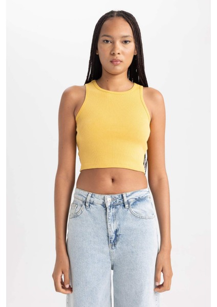 Kadın Sarı Fitted Halter Yaka Düz Basic Pamuklu Atlet B0658AXNS