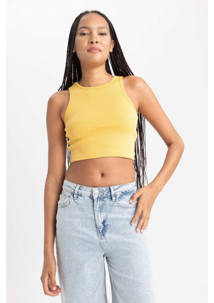 Kadın Sarı Fitted Halter Yaka Düz Basic Pamuklu Atlet B0658AXNS