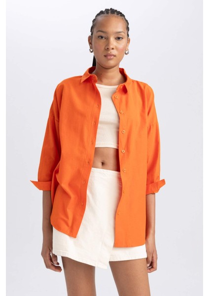 Kadın Turuncu Oversize Fit Geniş Kesim Gömlek Yaka Basic Düz Poplin Uzun Kollu Tunik B0659AXNS