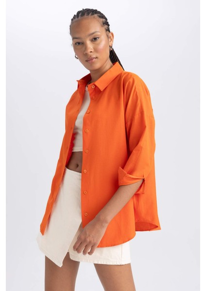Kadın Turuncu Oversize Fit Geniş Kesim Gömlek Yaka Basic Düz Poplin Uzun Kollu Tunik B0659AXNS