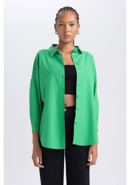 Kadın Yeşil Oversize Fit Geniş Kesim Gömlek Yaka Basic Düz Poplin Uzun Kollu Tunik B0659AXNS