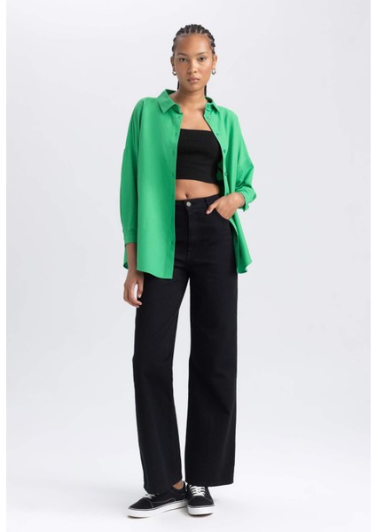 Kadın Yeşil Oversize Fit Geniş Kesim Gömlek Yaka Basic Düz Poplin Uzun Kollu Tunik B0659AXNS