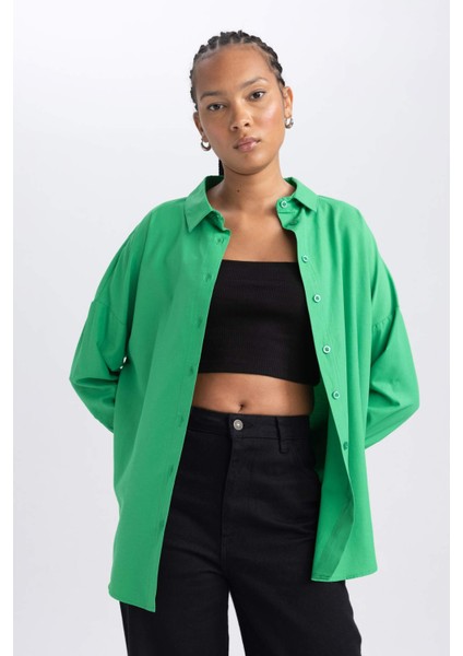 Kadın Yeşil Oversize Fit Geniş Kesim Gömlek Yaka Basic Düz Poplin Uzun Kollu Tunik B0659AXNS