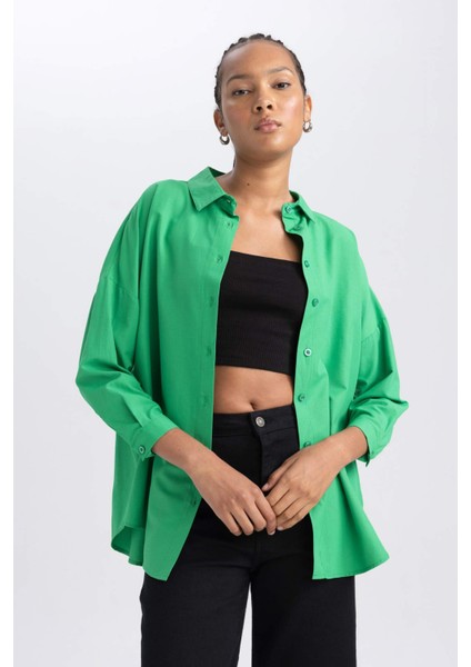 Kadın Yeşil Oversize Fit Geniş Kesim Gömlek Yaka Basic Düz Poplin Uzun Kollu Tunik B0659AXNS