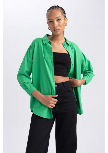Kadın Yeşil Oversize Fit Geniş Kesim Gömlek Yaka Basic Düz Poplin Uzun Kollu Tunik B0659AXNS