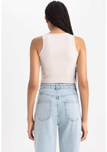Kadın Bej Fitted Halter Yaka Düz Basic Pamuklu Atlet B0658AXNS