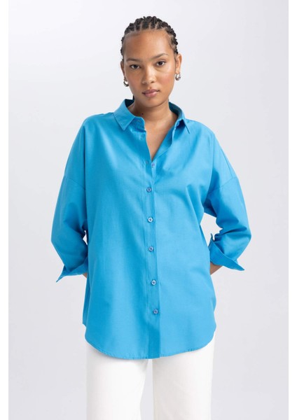 Oversize Geniş Kalıp Gömlek Yaka Poplin Uzun Kollu Tunik B0659AXNS