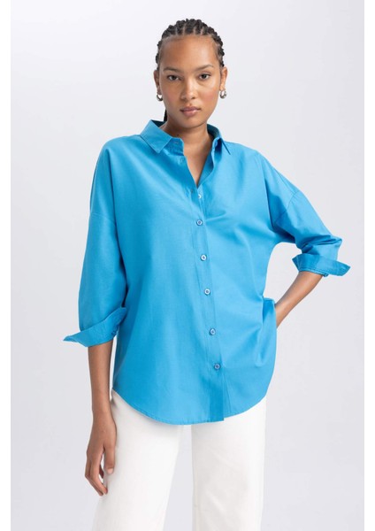 Oversize Geniş Kalıp Gömlek Yaka Poplin Uzun Kollu Tunik B0659AXNS