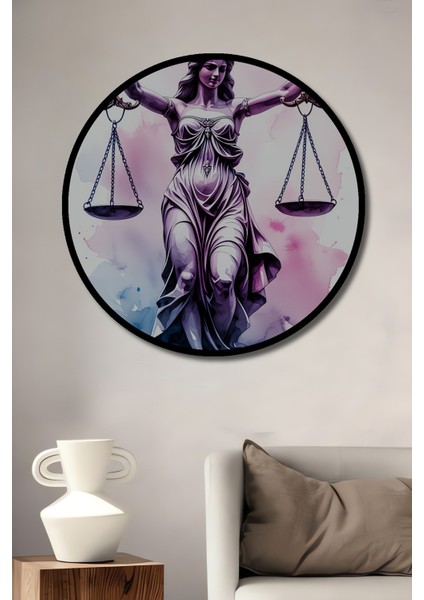Çerçeve Görünümlü Adalet Tanrıçası Terazisi Sulu Boya Görünümlü Dekoratif Ahşap Ofis Yuvarlak Tablo