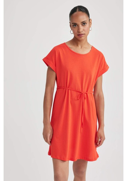 Kadın Turuncu A Line A Kesim Bisiklet Yaka Düz Basic Penye %100 Pamuk Kısa Kollu Elbise B0655AXNS