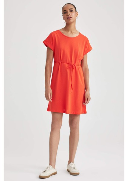 Kadın Turuncu A Line A Kesim Bisiklet Yaka Düz Basic Penye %100 Pamuk Kısa Kollu Elbise B0655AXNS