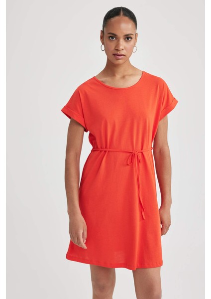 Kadın Turuncu A Line A Kesim Bisiklet Yaka Düz Basic Penye %100 Pamuk Kısa Kollu Elbise B0655AXNS