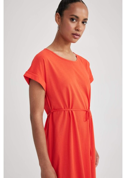 Kadın Turuncu A Line A Kesim Bisiklet Yaka Düz Basic Penye %100 Pamuk Kısa Kollu Elbise B0655AXNS