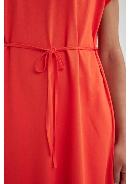 Kadın Turuncu A Line A Kesim Bisiklet Yaka Düz Basic Penye %100 Pamuk Kısa Kollu Elbise B0655AXNS