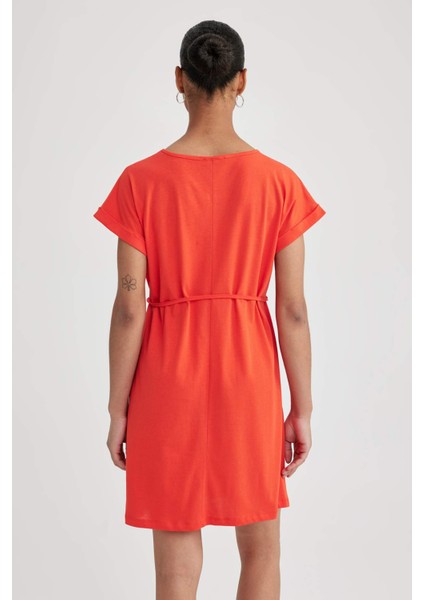 Kadın Turuncu A Line A Kesim Bisiklet Yaka Düz Basic Penye %100 Pamuk Kısa Kollu Elbise B0655AXNS