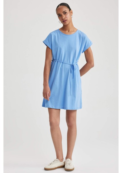 Kadın Mavi A Line A Kesim Bisiklet Yaka Düz Basic Penye %100 Pamuk Kısa Kollu Elbise B0655AXNS