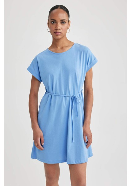 Kadın Mavi A Line A Kesim Bisiklet Yaka Düz Basic Penye %100 Pamuk Kısa Kollu Elbise B0655AXNS