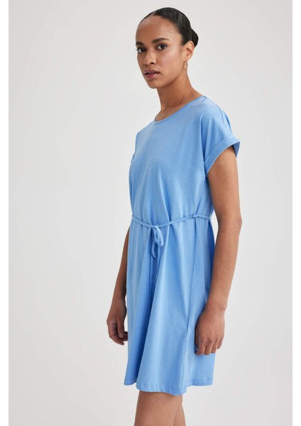 Kadın Mavi A Line A Kesim Bisiklet Yaka Düz Basic Penye %100 Pamuk Kısa Kollu Elbise B0655AXNS