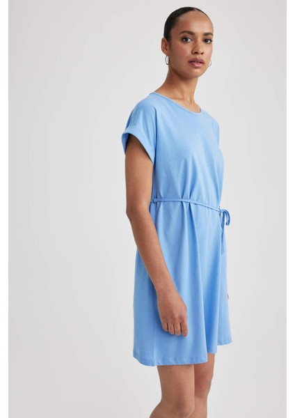 Kadın Mavi A Line A Kesim Bisiklet Yaka Düz Basic Penye %100 Pamuk Kısa Kollu Elbise B0655AXNS