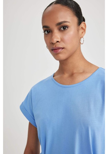 Kadın Mavi A Line A Kesim Bisiklet Yaka Düz Basic Penye %100 Pamuk Kısa Kollu Elbise B0655AXNS