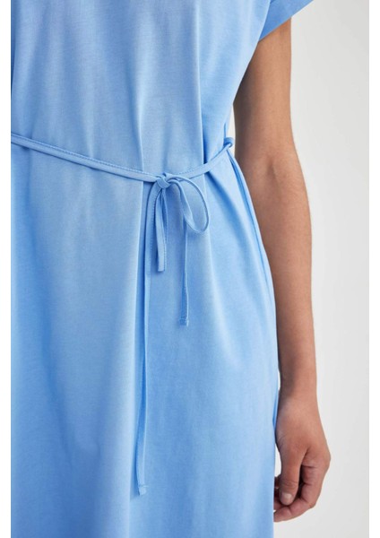 Kadın Mavi A Line A Kesim Bisiklet Yaka Düz Basic Penye %100 Pamuk Kısa Kollu Elbise B0655AXNS