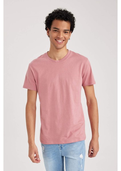 Erkek Pembe Regular Fit Düz Kesim Bisiklet Yaka %100 Pamuk Kısa Kollu Tişört B0653AXNS