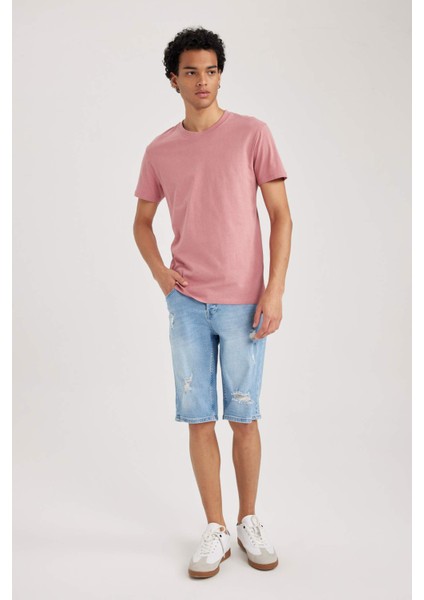 Erkek Pembe Regular Fit Düz Kesim Bisiklet Yaka %100 Pamuk Kısa Kollu Tişört B0653AXNS