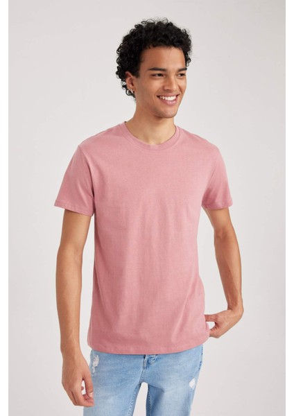Erkek Pembe Regular Fit Düz Kesim Bisiklet Yaka %100 Pamuk Kısa Kollu Tişört B0653AXNS