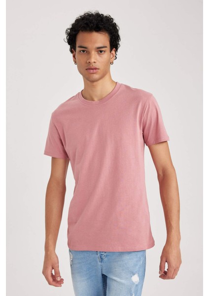 Erkek Pembe Regular Fit Düz Kesim Bisiklet Yaka %100 Pamuk Kısa Kollu Tişört B0653AXNS