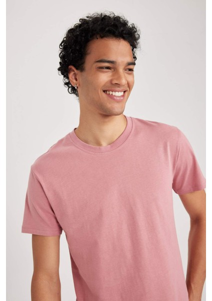 Erkek Pembe Regular Fit Düz Kesim Bisiklet Yaka %100 Pamuk Kısa Kollu Tişört B0653AXNS