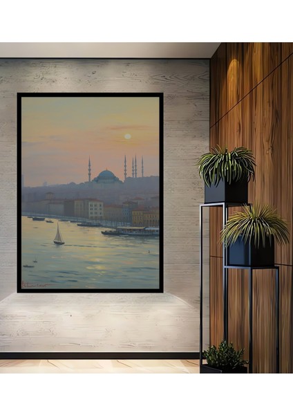 Çerçeve Görünümlü Istanbul Silüeti Yağlı Boya Görünümlü Dekoratif Ahşap Ev/işyeri/ofis Kare Tablo